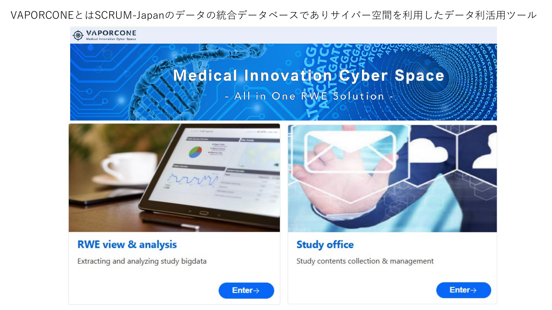 VAPORCONE portal entry screen for RWE analytics and study office workflows